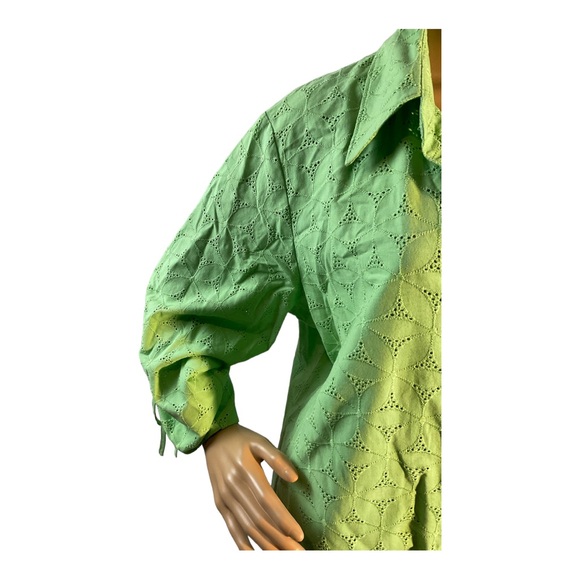 Susan Graver Women’s Tunic Top Green Tie Sleeve Collar Button Front Eyelet 1X - Picture 2 of 15